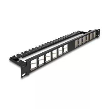 DELOCK 19 colių Keystone pataisų skydelis 24 prievadų kampuotas su įtempimo mažinimu, 1U, juodas, 482,6×125,5×44,2 mm