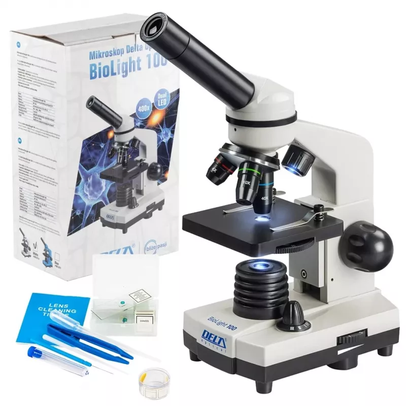 Sudėtinis optinis mikroskopas Deltaoptical DO-3210 – monokulinis, 3 achromatiniai objektyvai, LED apšvietimas, 40–400×, 45° pasukama galvutė