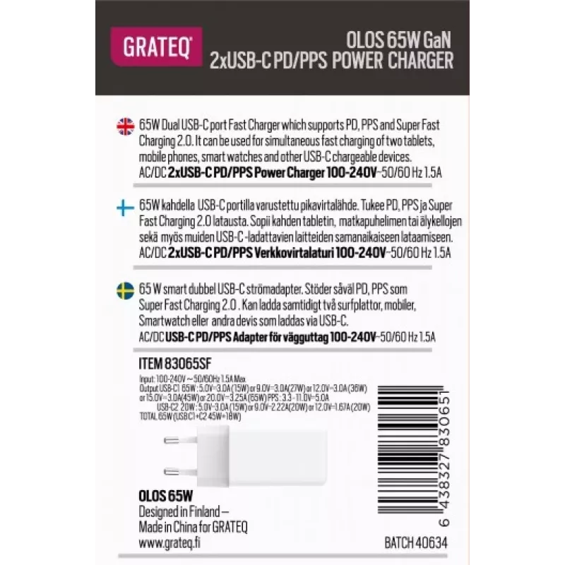 GRATEQ OLOS PD/PPS 2xUSB-C 65W greitas įkroviklis 35W