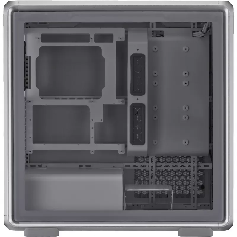 PC korpusas Cooler Master MasterFrame 600 Midi bokštas sidabrinis — ATX/Micro-ATX/ITX, grūdintas stiklas, palaiko 3x140 mm priekinius ventiliatorius