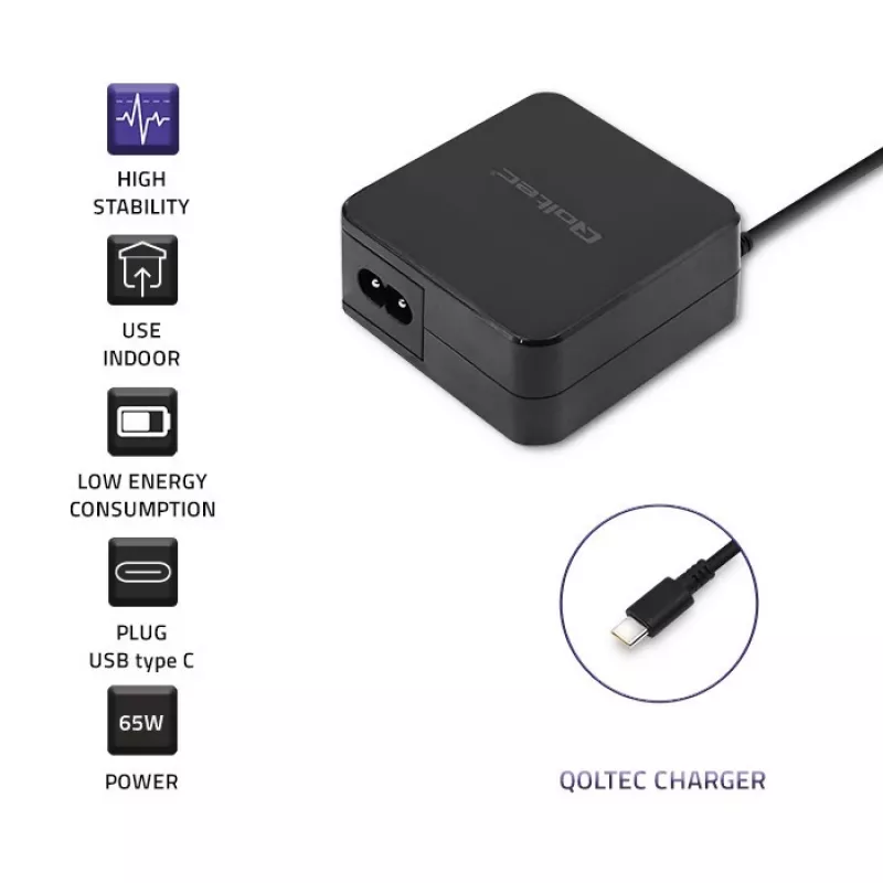 Qoltec 51027 Įkroviklis | 65W | 5-20.3V | 2-3.25A | USB Type C | PD