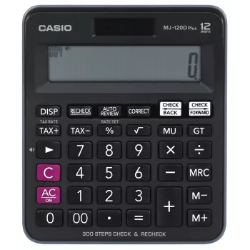 Stalinis skaičiuotuvas CASIO MJ-120D PLUS – pagrindinis, 12 skaitmenų, baterija/saulė, 35 klavišai, mokesčių ir kvadratinės šaknies funkcijos, juodas