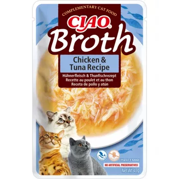 Šlapias skanėstas katėms INABA Ciao Broth Chicken & Tuna 40 g – mėsingas skystas užkandis maišelyje