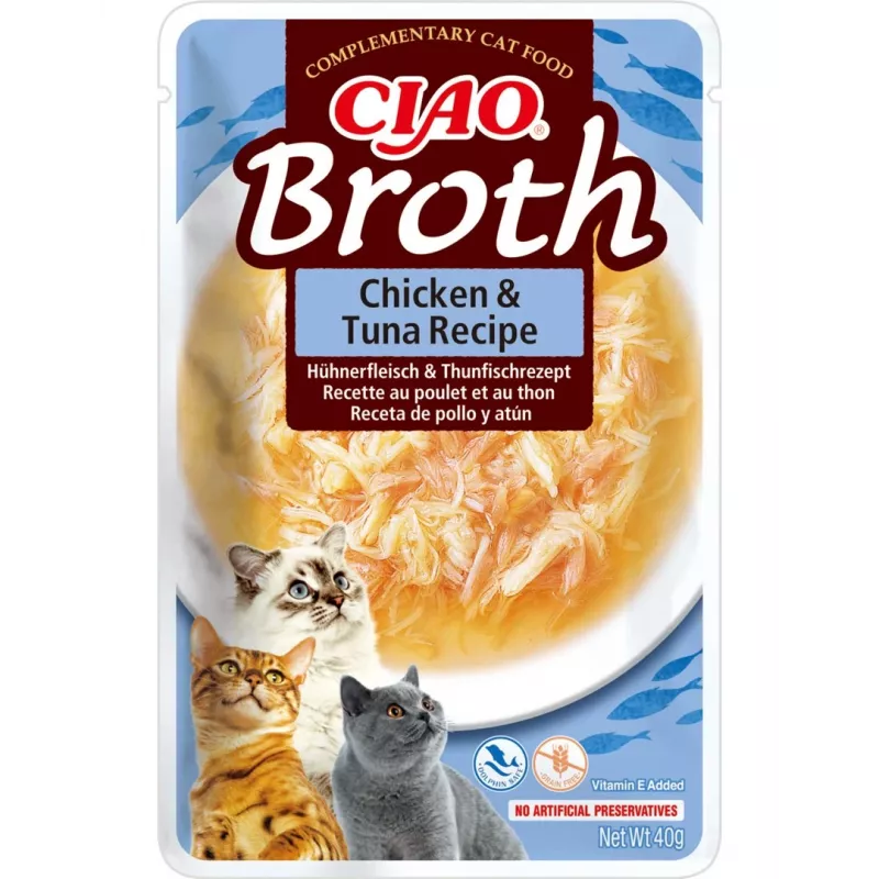 Šlapias skanėstas katėms INABA Ciao Broth Chicken & Tuna 40 g – mėsingas skystas užkandis maišelyje