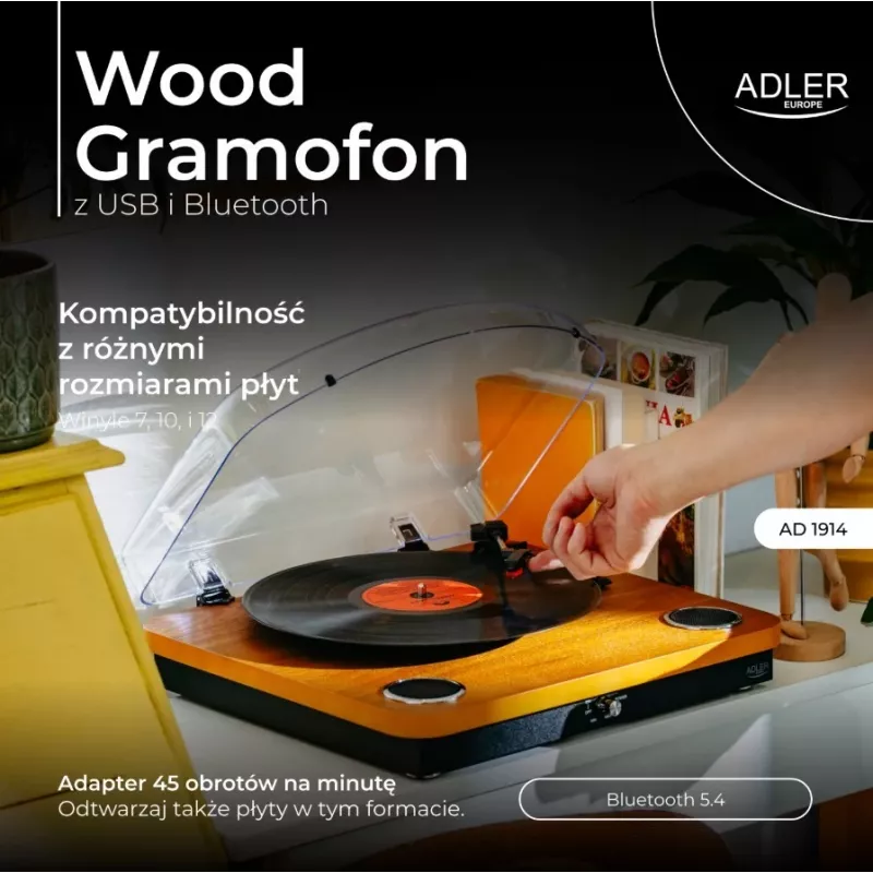 Patefono grotuvas Adler AD 1914 su USB, Bluetooth 5.4, keramine plokštele, įmontuotais garsiakalbiais