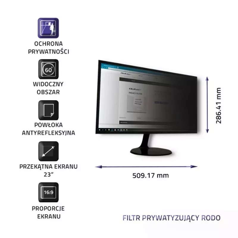 Qoltec GDPR privatumo filtras 23 colių | 16:9 | Akių apsauga | Panoraminis