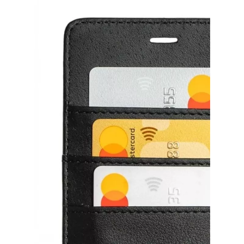 Dėklas-piniginė SCREENOR, iPhone 15 Pro (6,1 colio), juoda – dirbtinė oda, TPU, 3 kortelių kišenės, stalinis stovas