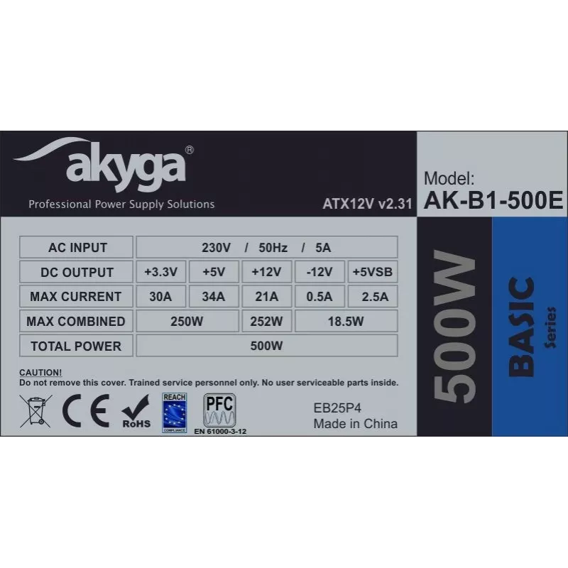 ATX maitinimo blokas Akyga AK-B1-500E 500 W, 120 mm ventiliatorius, 20+4 pin ATX, 3× SATA, pasyvus PFC
