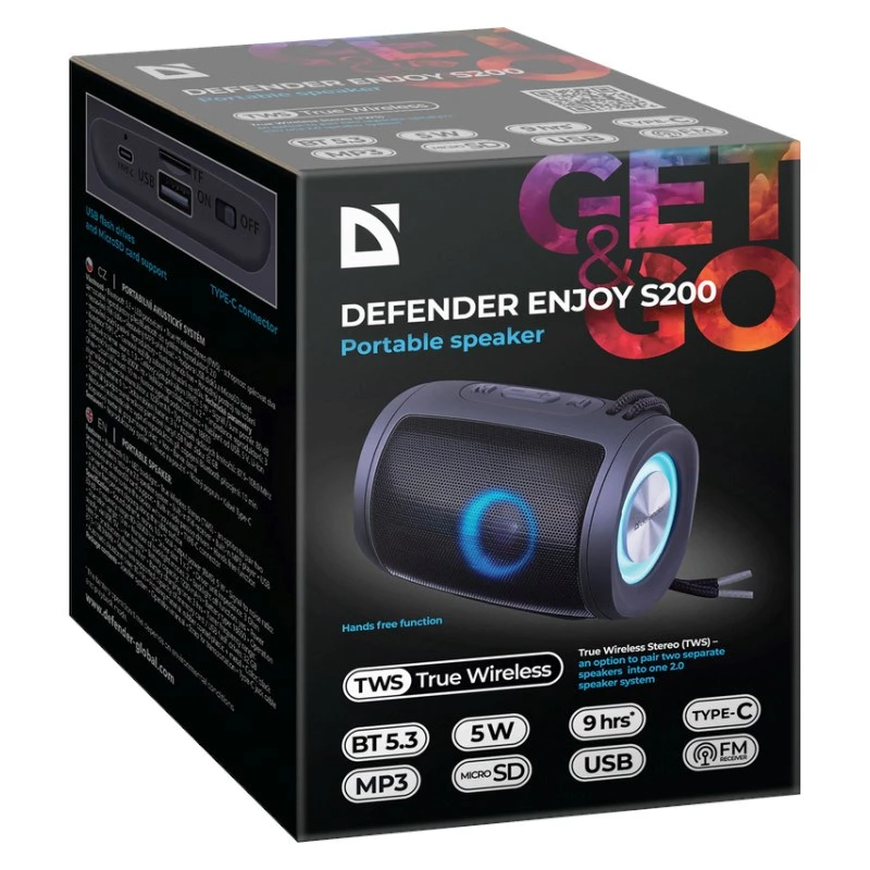 Nešiojamas Bluetooth garsiakalbis DEFENDER Ejoy S200 TWS 2.0, 5W, Bluetooth 5.3, LED, 10 h baterija, įmontuotas mikrofonas