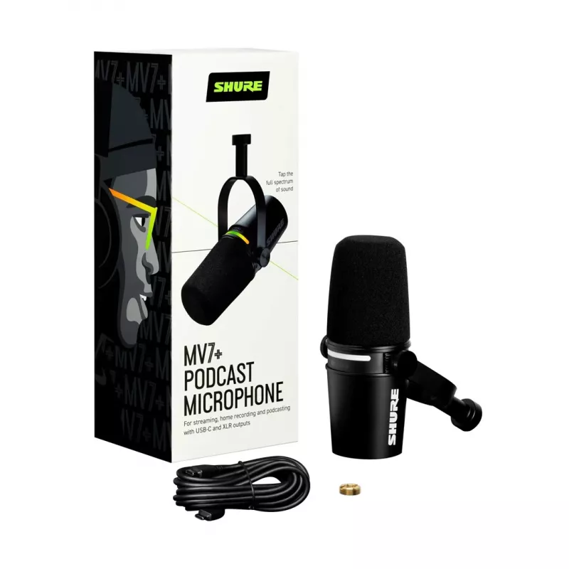 Shure MV7+-K - Paskaitų ir vokalų mikrofonas su XLR/USB-C jungtimi, juodas