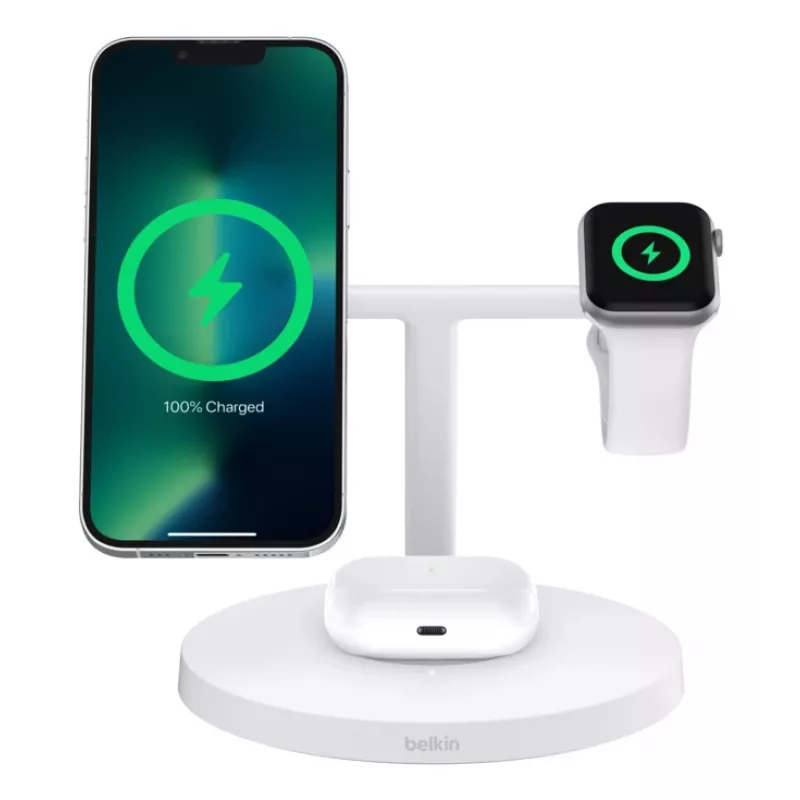 Belkin BoostCharge Pro 3-in-1 belaidė įkrovimo stotelė telefonui, laikrodžiui ir ausinėms, balta