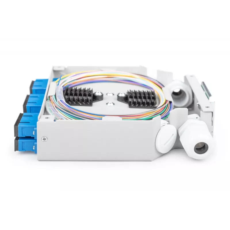 Skaidulinės optikos DIN bėgelio dėžė DIGITUS DN-963890, OS2, SC adapteris su 2 m pigtailu, plieninė, mėlyna/pilka