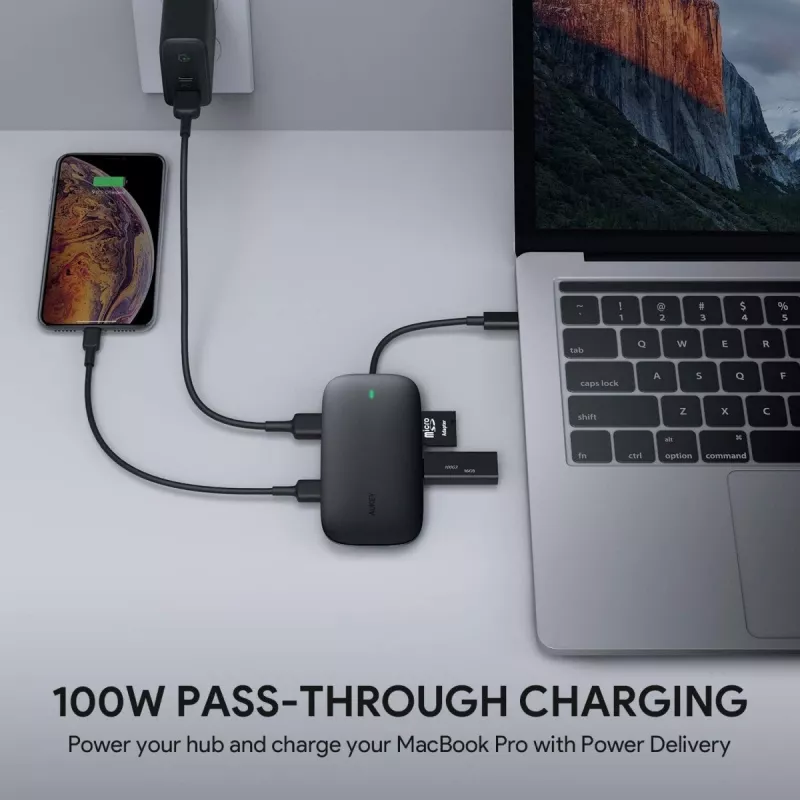 Dokavimo stotelė nešiojamam kompiuteriui AUKEY CB-C71 — 3x USB-C (USB 3.2 Gen1), HDMI, RJ-45, MicroSD, USB PD 100W, 0,15 m laidas, juoda