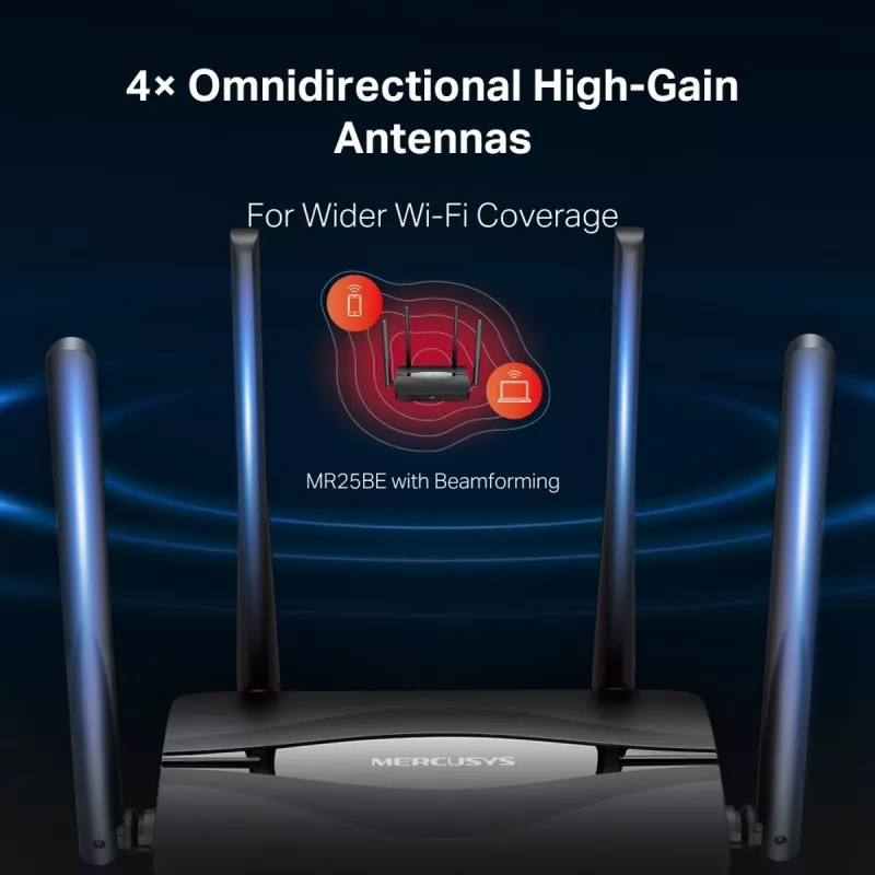Stalinis maršrutizatorius MERCUSYS MR25BE EasyMesh Wi‑Fi 7 dviejų juostų 2.4/5 GHz, 3600 Mbps, 3× Gigabit LAN, 4 išorinės antenos