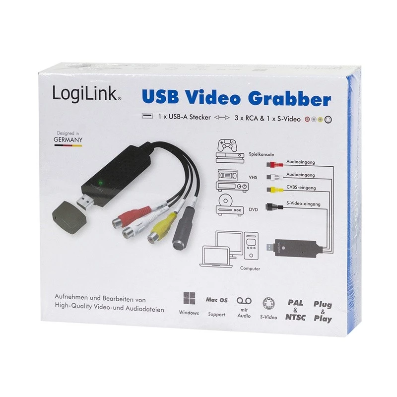 LogiLink USB 2.0 vaizdo įrašymo adapteris, USB A/M į 3x RCA + MiniDIN5/F, juodas
