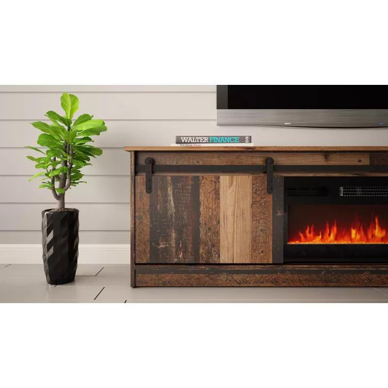 TV spintelė Cama Meble GRANERO su židinio sekcija, 2000×567×350 mm, medžio drožlių plokštė/MDF, stumdomos 2 durys, matinė sena mediena