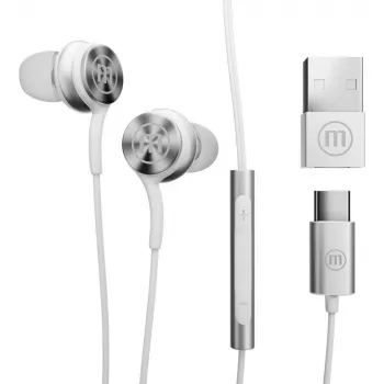 Maxell XC1 laidinės ausinės USB-C su USB-A adapteriu baltos