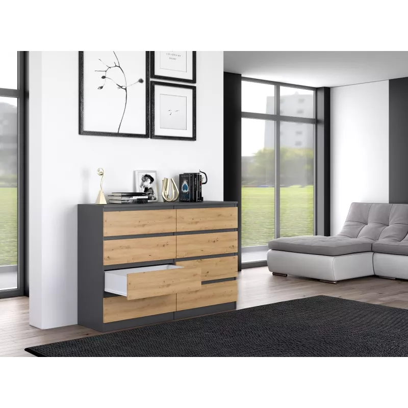 Komoda Top e shop M8 140 ANT/ART su 8 stalčiais, Antracitas/Ąžuolas, 1380×400×970 mm