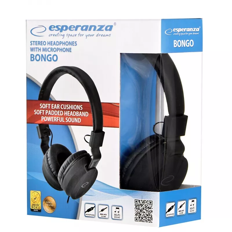 Ausinės ESPERANZA BONGO EH212K – laidinės, ant galvos, 20–20000 Hz, 1,5 m laidas, juodos