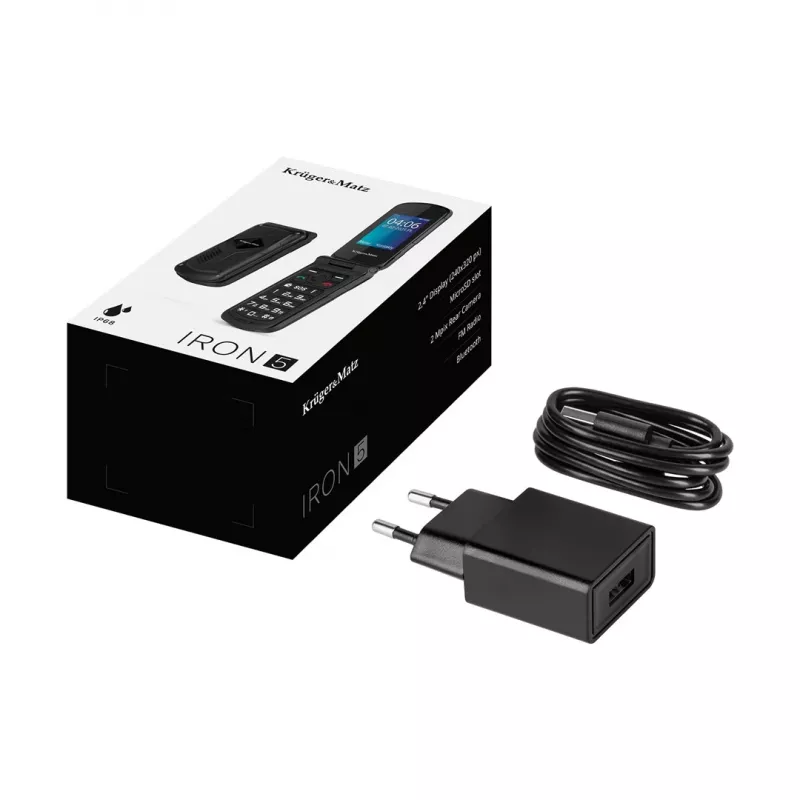 Sulankstomas telefonas Kruger & Matz Iron 5 Flip KM0466 — Dual SIM, 2,4 colio ekranas, IP68/IP69K, 1200 mAh