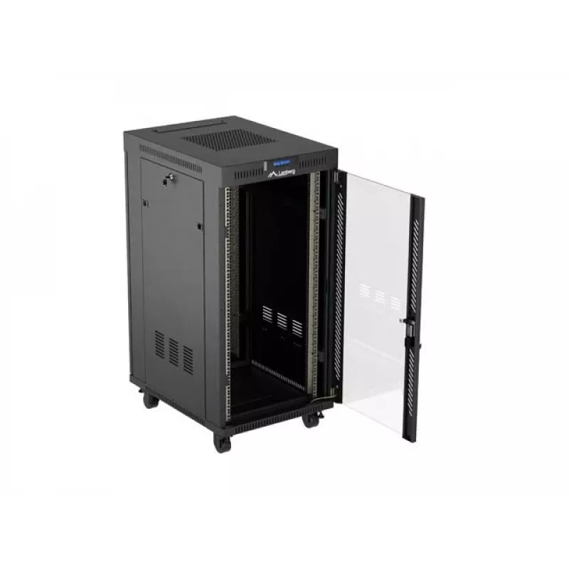 Tinklinis spintos stovas LANBERG 19 colių 24U 600x800 mm juodas su stiklo durelėmis ir LCD išpjova (Flat Pack) v2