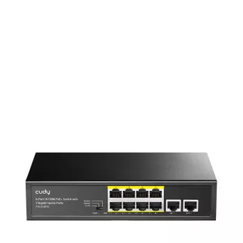 Tinklo jungiklis Cudy FS1010PG — 10/100 Mbps, 8 PoE prievadai, 2 uplink, 120 W PoE biudžetas, metalinis korpusas