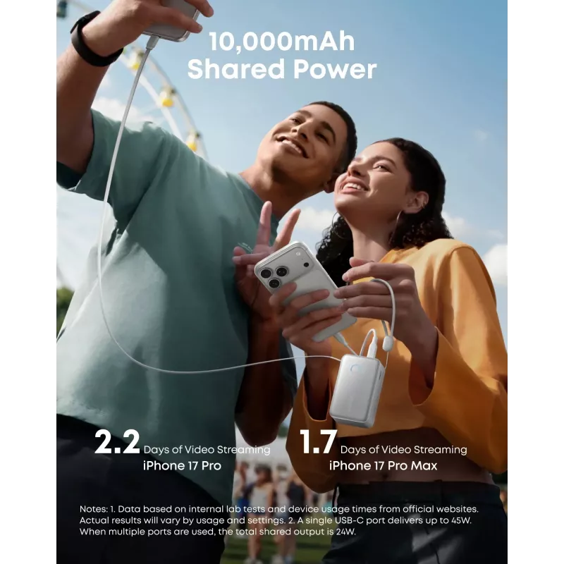 Power bank Anker A1638 10000 mAh, 45 W bendra galia, baltas, su įtaisyta ištraukiama USB-C laido
