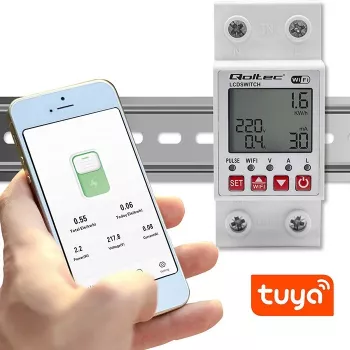DIN-bėgio WiFi relė QOLTEC 50990, vieno kanalo, 63A perjungimas elektros apskaitai ir nuotoliniam valdymui