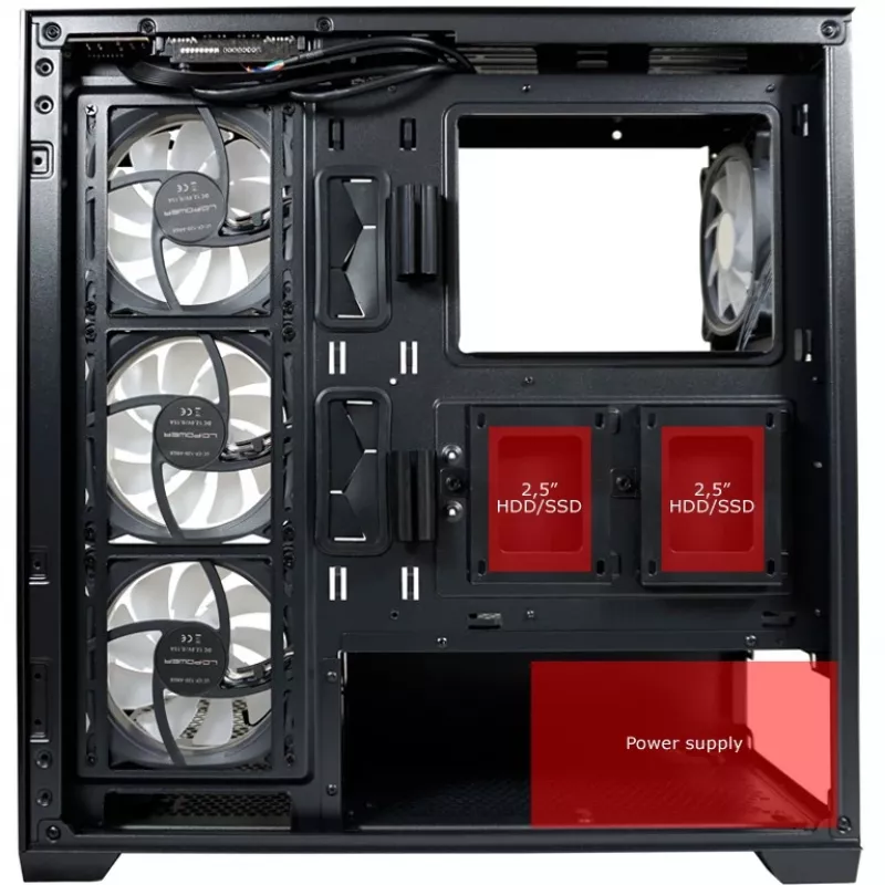 LC-Power korpusas MidiTower 715B juodas USB 3.2 / Audio be maitinimo šaltinio SEAMLESS_X (LC-715B-ON)