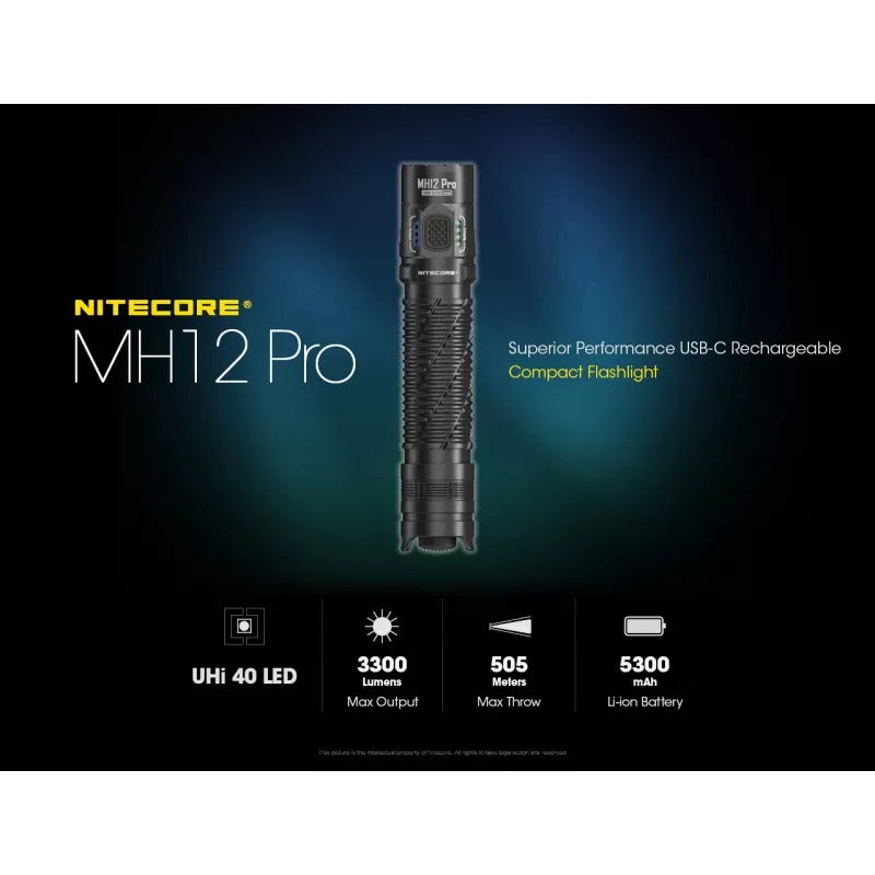Rankinis žibintuvėlis Nitecore MH12 Pro Black LED 3300 lm įkraunamas per USB 5300 mAh, aliuminis, 138,5 mm, 81,5 g, atsparus vandeniui 2 m