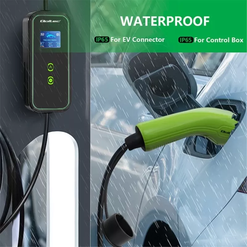 Qoltec Mobile EV automobilio įkroviklis reguliuojamas 2in1 Type2 | 7kW | 230V | CEE 3 kištukas | Wi-fi | LCD | Nešiojamas | Sieninis | 5m