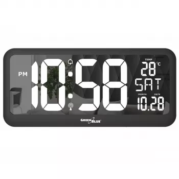 Didelis skaitmeninis laikrodis sieninis arba ant stovo su temperatūros jutikliu, 37x17 cm LCD ekranas, maitinamas adapteriu ir baterijomis