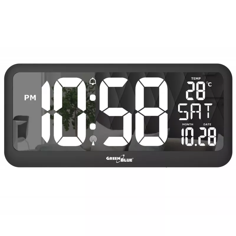 Didelis skaitmeninis laikrodis sieninis arba ant stovo su temperatūros jutikliu, 37x17 cm LCD ekranas, maitinamas adapteriu ir baterijomis