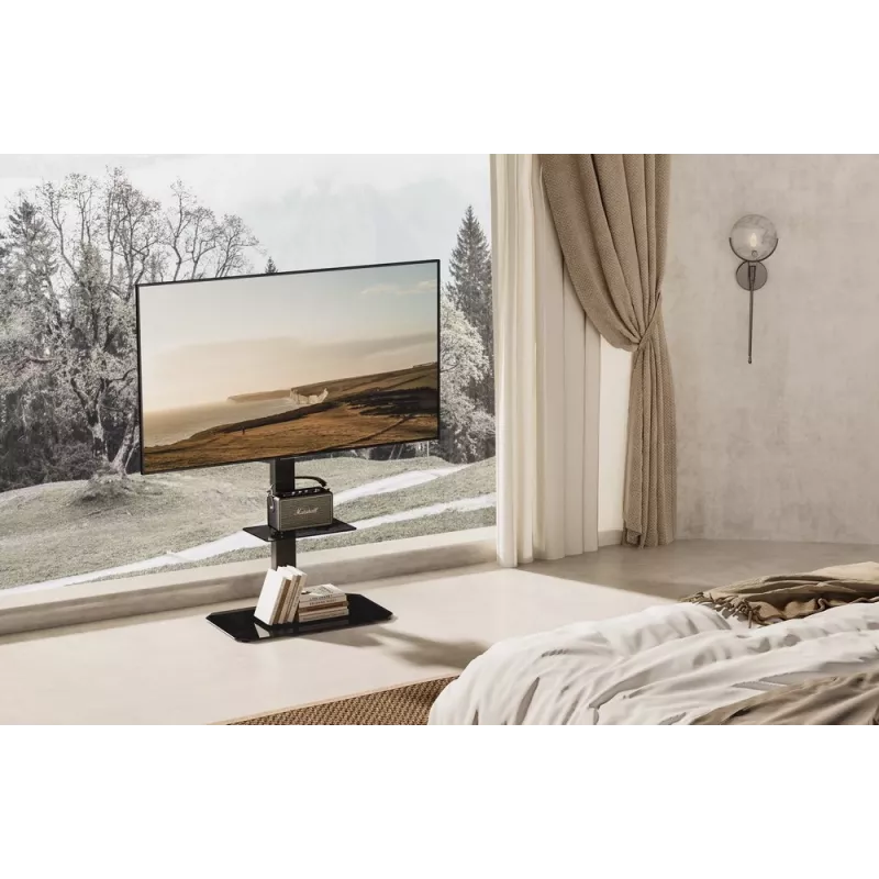 Grindinis TV stovas GEMBIRD TVS-86ST-01, 43–86 col., juodas, grūdinto stiklo pagrindas, VESA 100x100–600x400, 60 kg