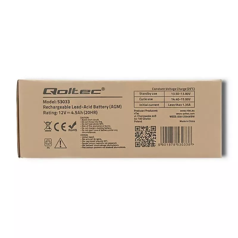 AGM akumuliatorius Qoltec 53033 4.5 Ah 15 V 65.5 A motociklui
