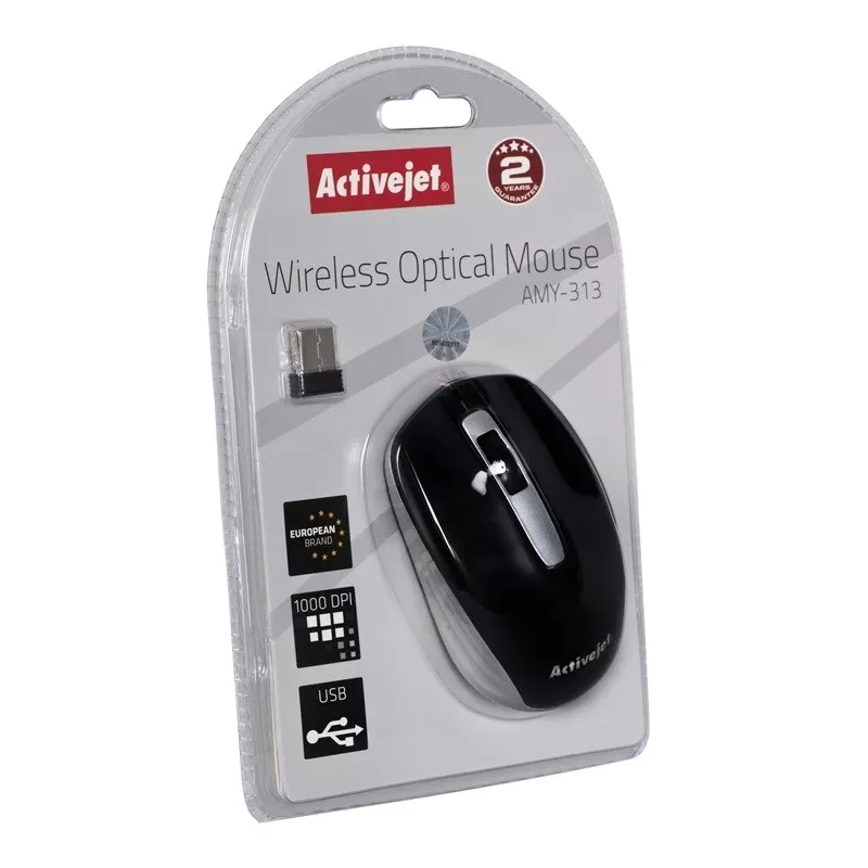 Belaidė pelė ActiveJet AMY-313, RF nano imtuvas, optinė 1200 DPI, ambidekstrinė, 3 mygtukai, AA baterija