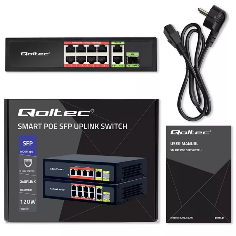 Ethernet Switch QOLTEC 52297 PoE RJ45 su PoE Uplink ir SFP prievadu