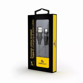 Laidas USB-C į USB 2.0 1m, pintas medvilniniu apvalkalu, juodas/baltas, GEMBIRD