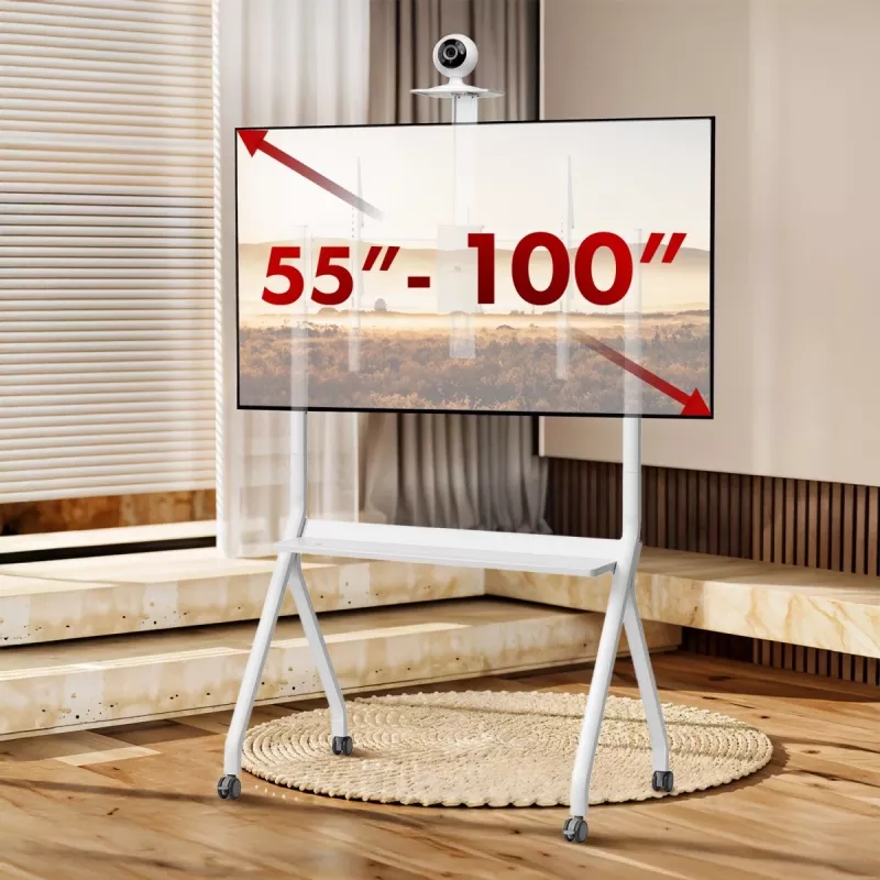 Grindinis TV stovas MACLEAN MC-114 W ekranams nuo 55 iki 100 colių, baltas, VESA iki 900x600, max apkrova 120 kg, aukštis 115–152 cm, lentyna