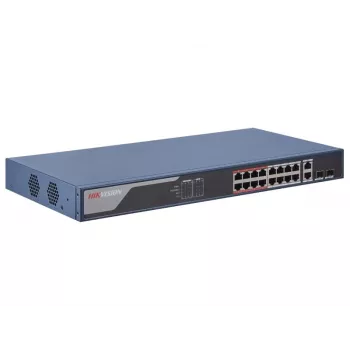 Hikvision DS-3E1318P-EI valdomas Fast Ethernet tinklo jungiklis su PoE 16 prievadų 1U mėlynas