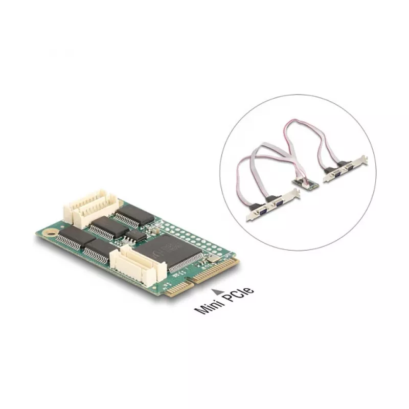 Vidinė RS-232 sąsajos plokštė DELOCK 95278 – Mini PCI Express, 4× RS-232 išėjimai, FIFO 256 B, 30×51×10 mm
