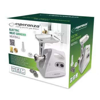 Elektrinė mėsmalė ESPERANZA EKM012E 600 W, Pilka, 2.6 kg, atbulinė eiga, dešrų antgalis, kebabo gaminimo priedas