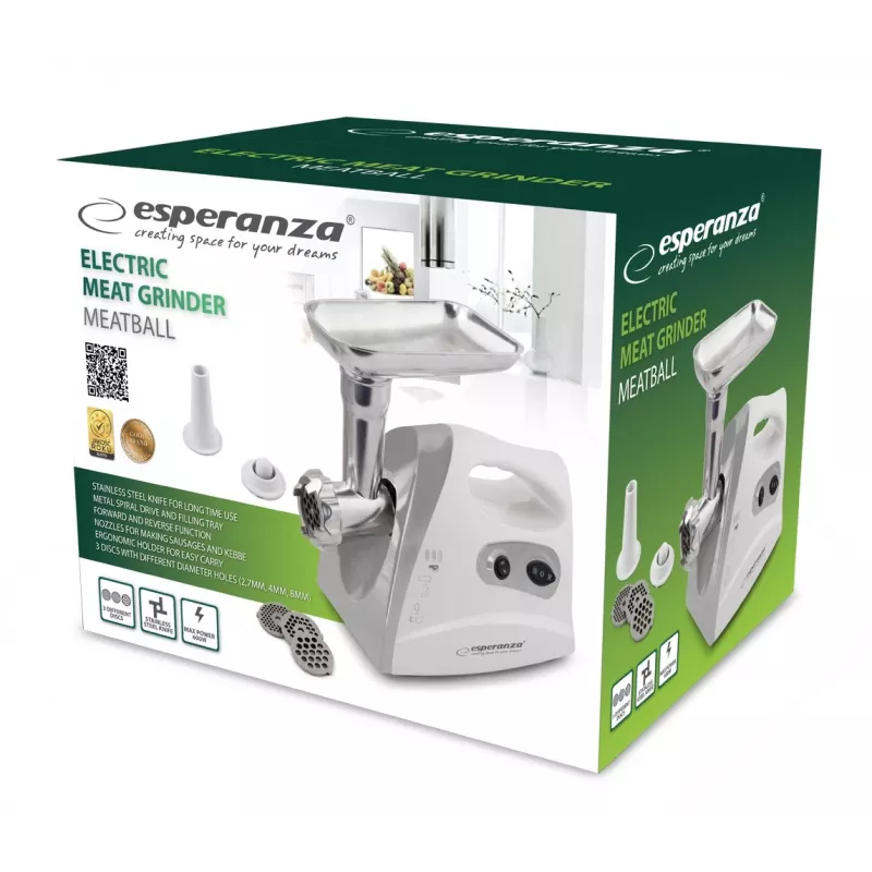 Elektrinė mėsmalė ESPERANZA EKM012E 600 W, Pilka, 2.6 kg, atbulinė eiga, dešrų antgalis, kebabo gaminimo priedas
