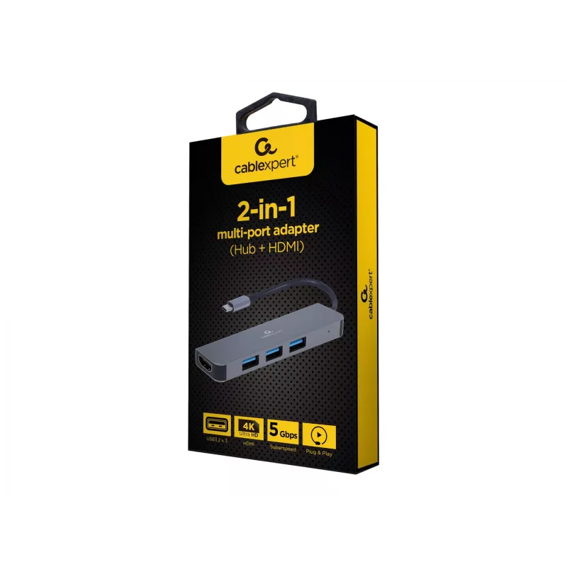 USB-C dokas nešiojamam kompiuteriui GEMBIRD A-CM-COMBO2-01 — USB 3.2 Gen 1 Type-C, 3× USB-A, 1× HDMI, pilka