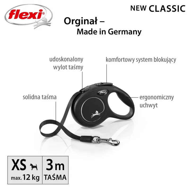 Ištraukiamas pavadėlis Flexi New Classic Cat XS 3 m – virvelinis pavadėlis mažiems augintiniams, juodas, maks. apkrova 8 kg