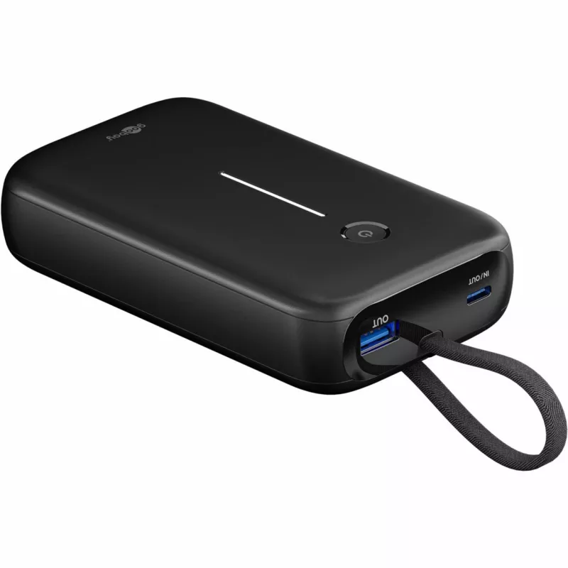 Powerbank 20.000 mAh su integruotu USB-C laidu 13 cm, 30 W (juoda, 20 Ah, 1x USB-A, 2x USB-C, PD, QC)