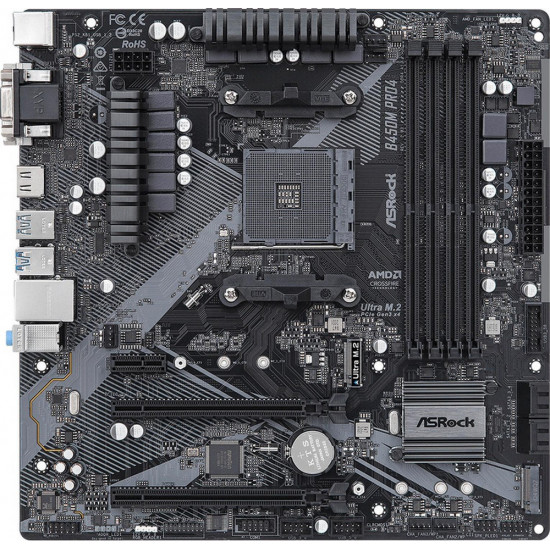 ASRock B450M PRO4 R2.0 | Processor family AMD | Processor socket AM4 | DDR4 | Supported hard disk drive interfaces SATA, M.2 | Number of SATA connectors 4