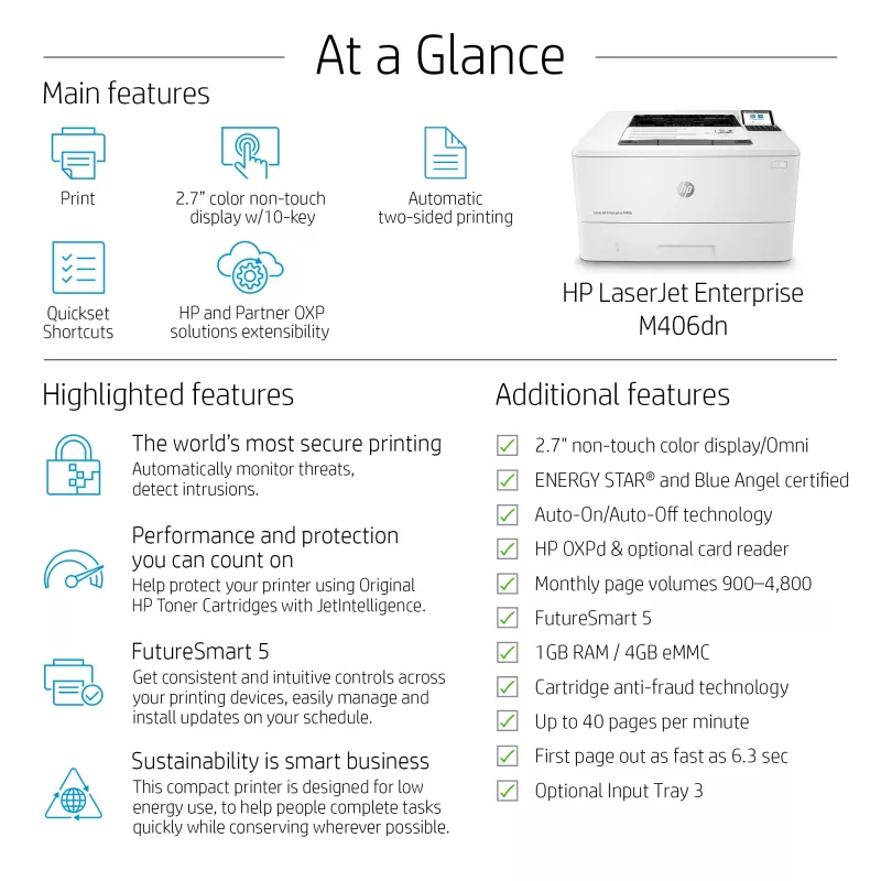 HP LaserJet Enterprise M406dn spausdintuvas, lazerinis, 1200 x 1200 DPI, A4, 38 ppm, dvipusis spausdinimas, tinklo paruoštas