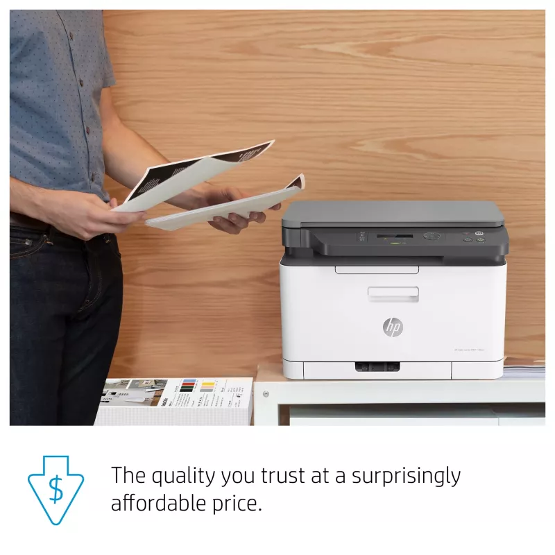 Daugiafunkcis lazerinis spausdintuvas HP Color Laser MFP 178nw – spalvotas spausdinimas, A4, 18 ppm (n/b), Wi‑Fi, Ethernet, dvipusis nuskaitymas