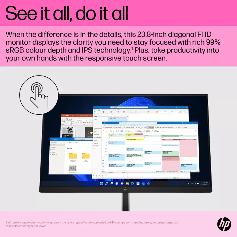 HP E24t G5 FHD lietimui jautrus monitorius, 60.5 cm (23.8 colio), 1920 x 1080 pikselių, Full HD, LCD, 5 ms, juodas